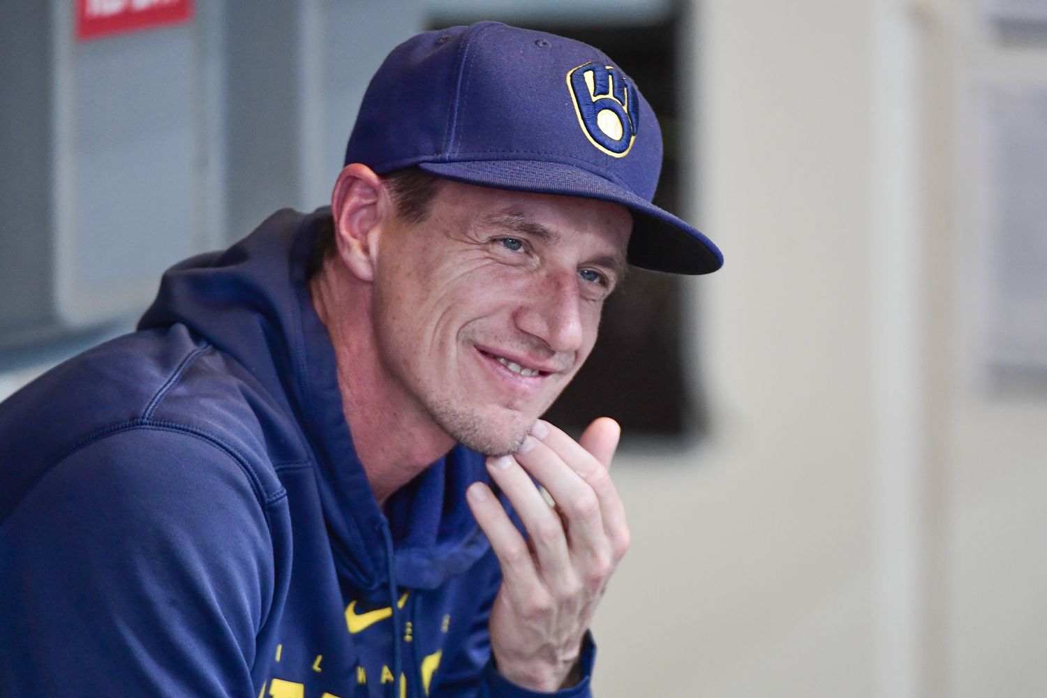 Aug 26, 2023; Milwaukee, Wisconsin, USA; Milwaukee Brewers manager Craig Counsell relaxes before game against the San Diego Padres at American Family Field. Mandatory Credit: Benny Sieu-USA TODAY Sports